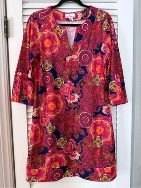Jude Connally M Pink Orange Paisley Shift Dress Made In USA Resort Preppy